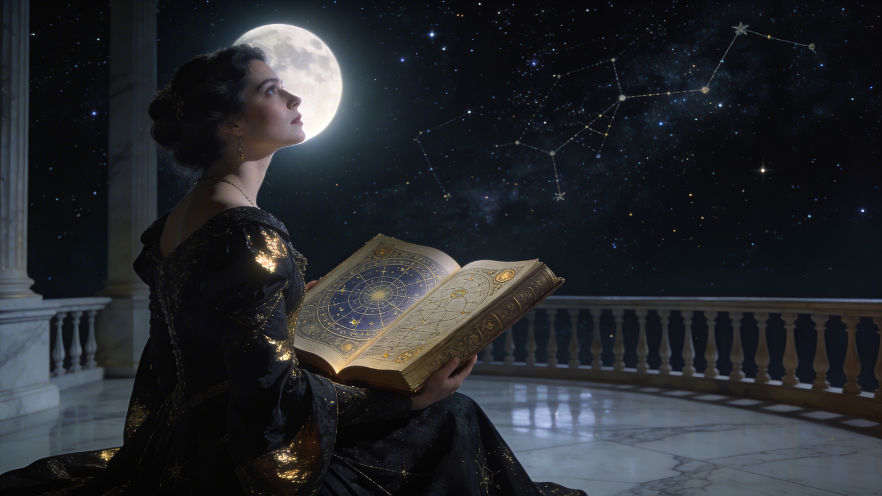 Carte céleste mystique évoquant les constellations et les symboles astrologiques