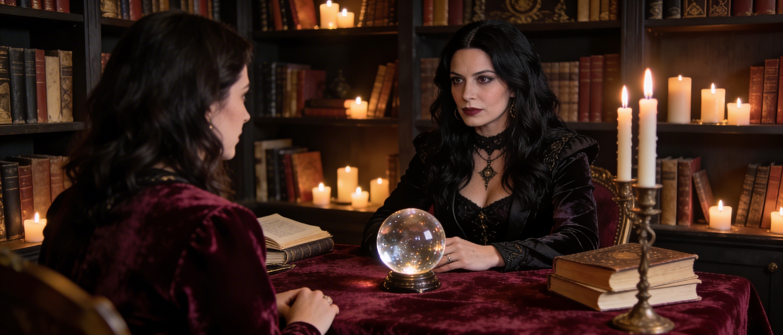 Scène raffinée illustrant une consultation de voyance confidentielle et prestigieuse