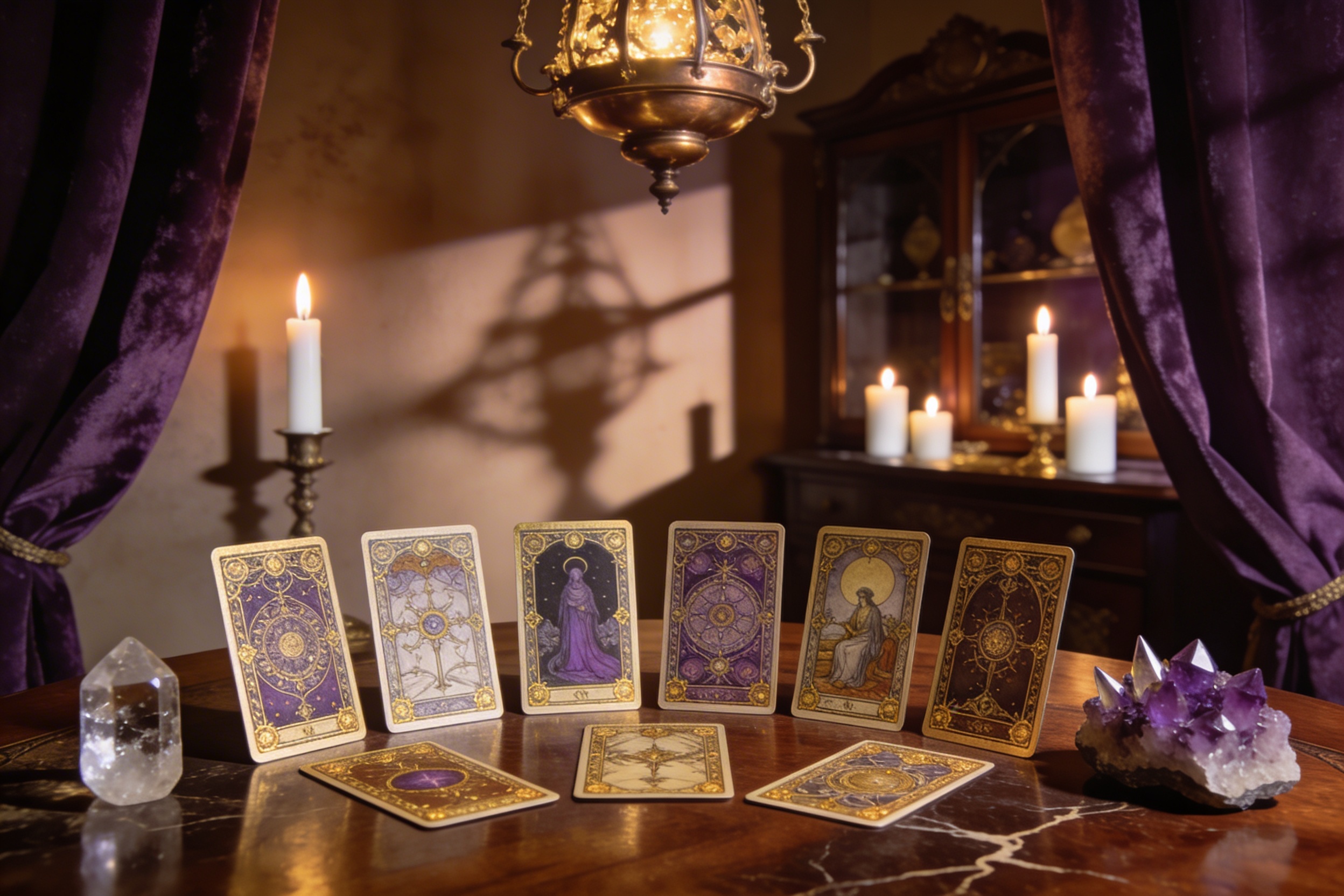 Ambiance mystique évoquant une consultation de voyance audiotel avec une lumière douce et spirituelle